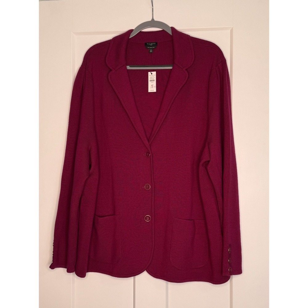 Talbots Plus Pure Merino Wool Sweater Blazer Womens 3X Magenta Burgundy Knit NWT